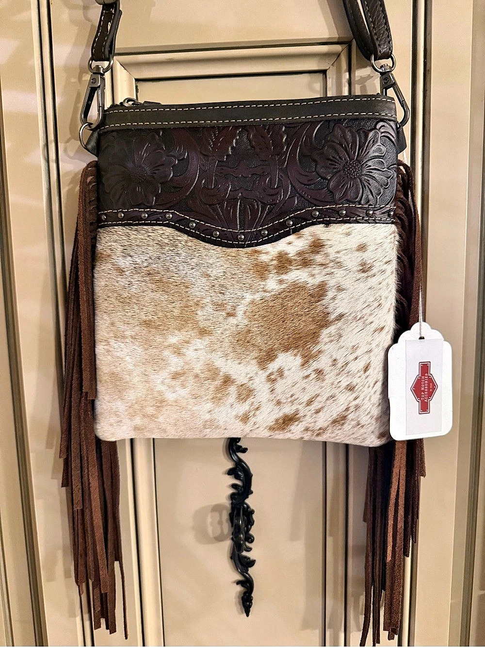 MDD Western Boutique Genuine Grain Leather Hair On Cowhide Fringe Crossbody Bag